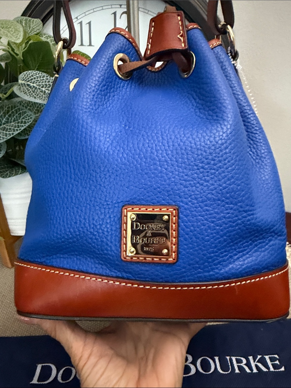 Dooney & Bourke Blue Leather Drawstring Bucket Bag with Brown Trim and Tassels - Picture 2 of 16